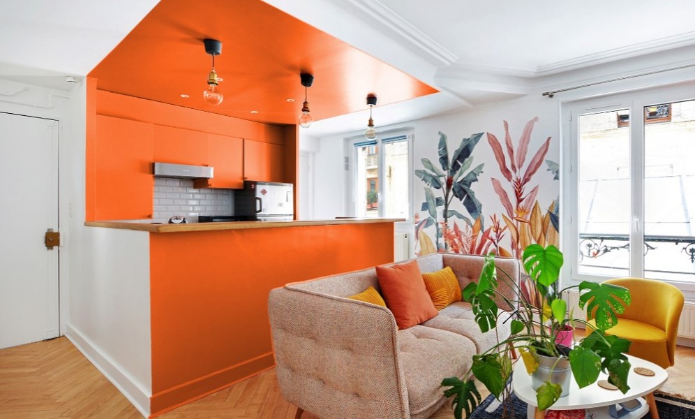 Cuisine orange, plafond peint orange, plafond peint pour délimiter un espace, photo Monsieur Peinture et Tollens, Simulation couleur peinture