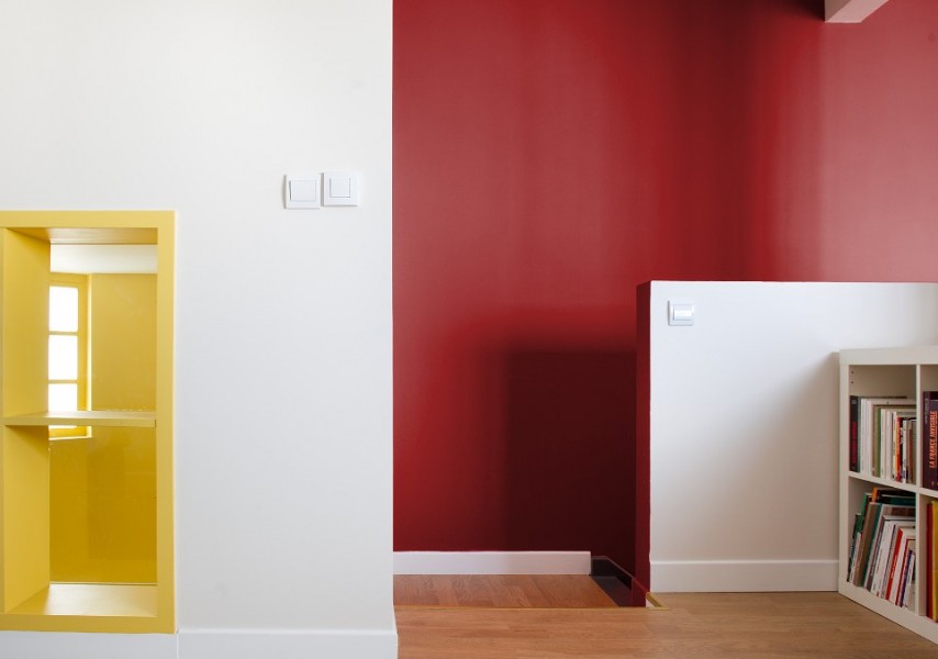 Peinture rouge cage escalier, peinture Tollens Etrusque, peinture jaune et rouge, simulation couleur peinture