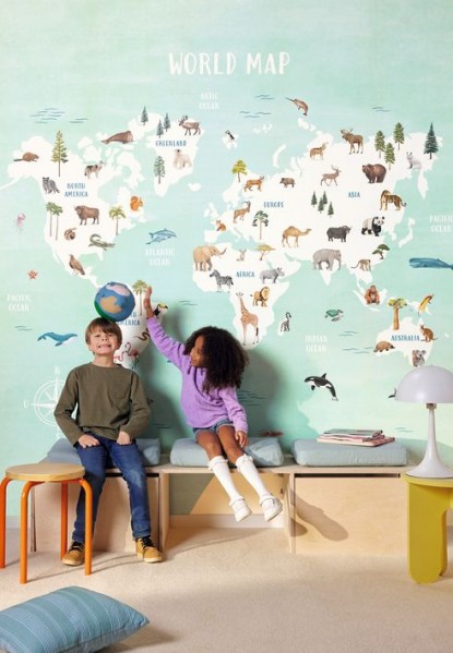 Papier peint panoramique enfant, papier peint chambre enfant, papier peint carte du monde, Caselio et Tollens