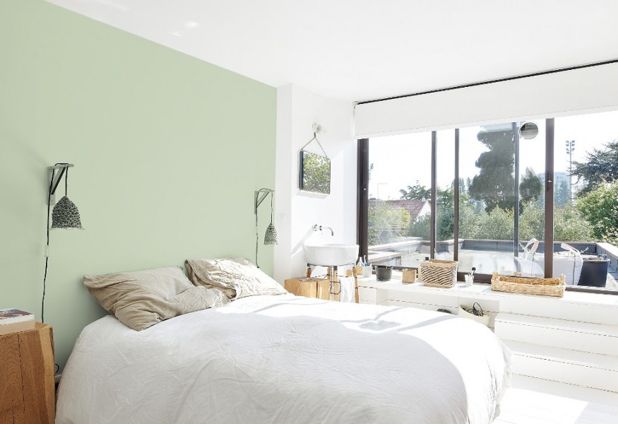 Mur vert clair, couleur Thé vert Tollens, chambre parentale verte, Simulations couleur peinture, peinture verte
