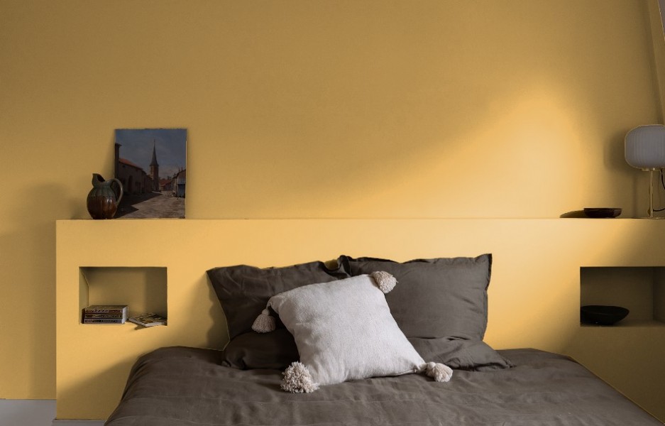 Chambre jaune moutarde ou jaune ocre, couleur Whisky Tollens, simulation couleur peinture jaune