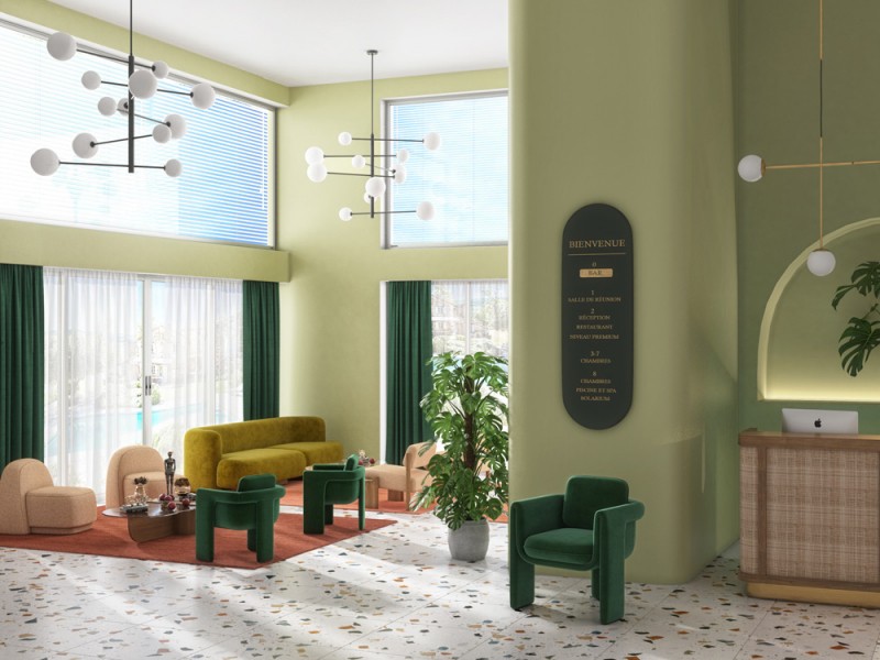 Hall hotel peinture Tollens, peinture verte, sol terrazzo