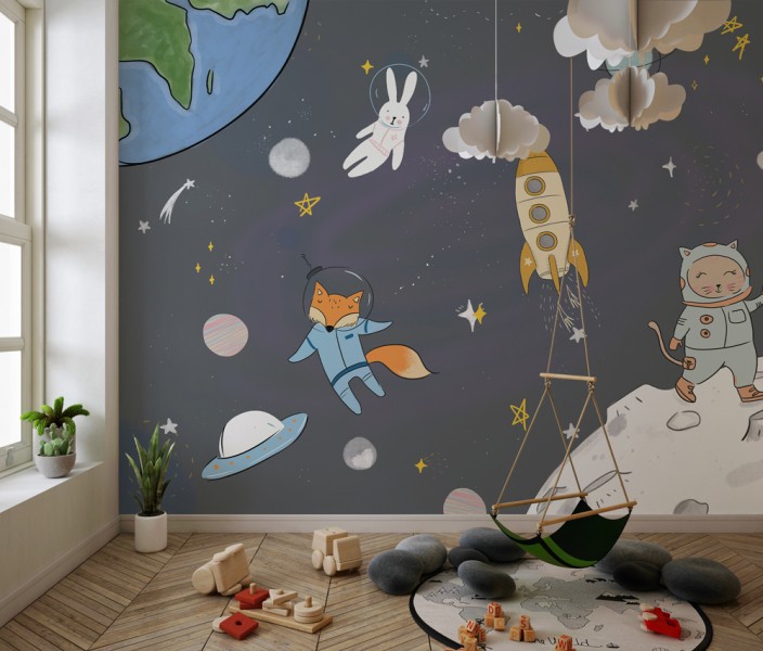 Papiers peints spatial, papier peint enfant, papier peint chambre enfant fusée, papier peint astronautes, Au fil des couleurs et Tollens