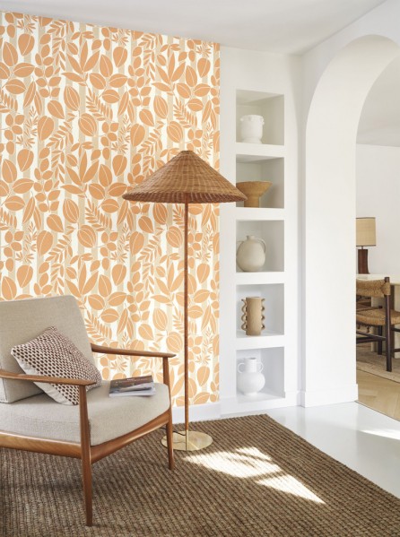 Papier peint orange pèche fruits, Casadeco chez Tollens