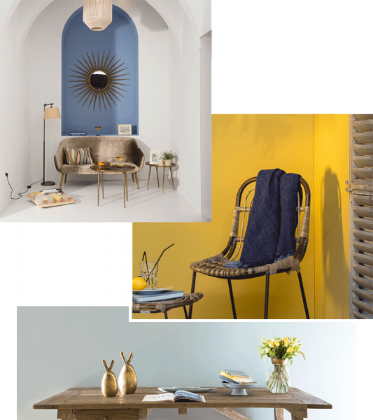 Moodboard visuels déco Tendance Bord de mer, teintes : Copenhagen Blue, Bikini, Oceane, Flamant by Tollens