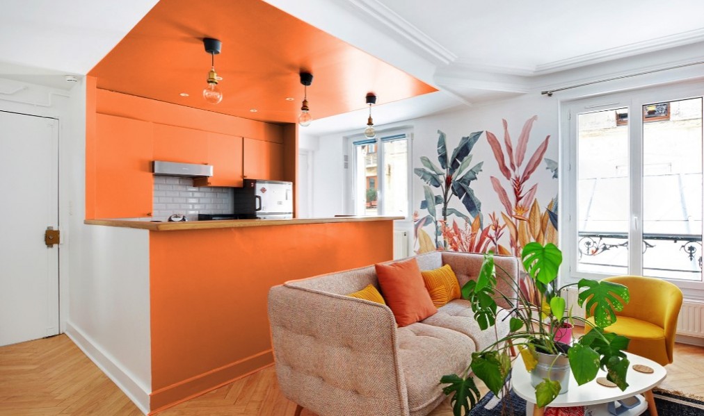 Cuisine orange, plafond peint orange, plafond peint pour délimiter un espace, photo Monsieur Peinture et Tollens, Simulation couleur peinture