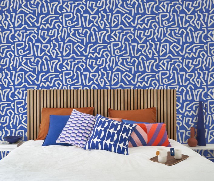 Papier peint géométrique bleu, Casadeco chez Tollens