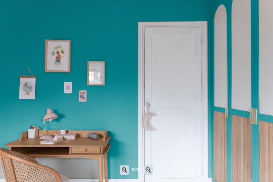 Chambre petite fille, chambre bleu vert, chambre turquoise, peinture turquoise, peinture bleu vert Tollens