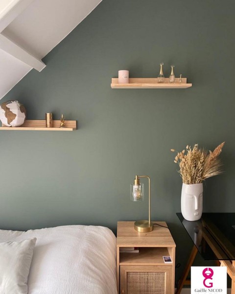 Mur peinture vert foncé, mur vert kaki, couleur Lichen Tollens, chambre verte, crédit photo : gaelle_nicod_decoration