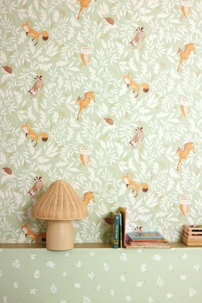 Papier peint enfant, papier peint chambre enfant vert, papier peint animaux, papier peint renard, Caselio et Tollens